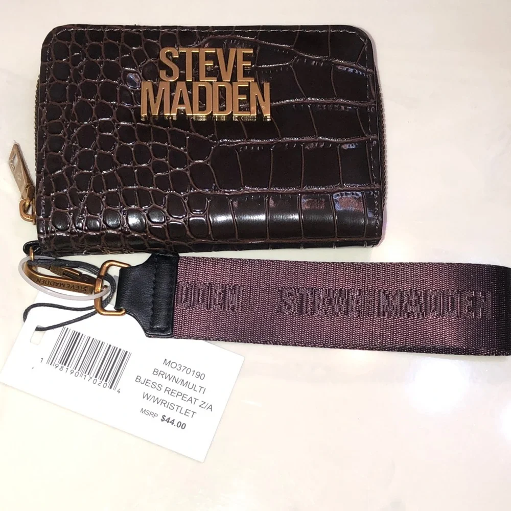 Steve Madden BJESS Brown Multi Faux Leather Croc Embossed ZA Wallet + Strap NWT